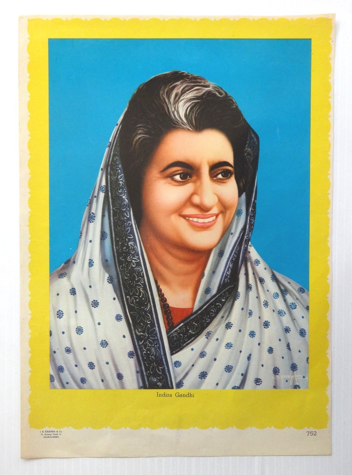India vintage Patriotic poster INDIRA GANDHI, J.B KHANNA & CO 9.5” x 13.5”