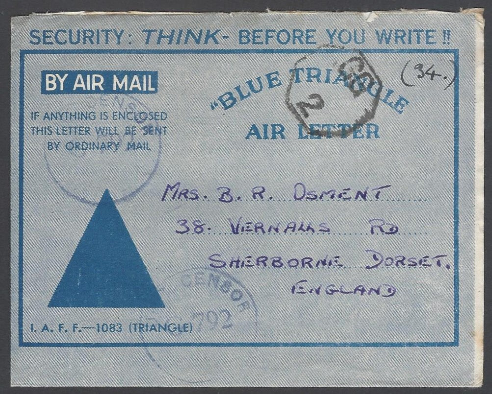 AOP India WW2 IAFF  BLUE TRIANGLE air letter with GG/2 censor to UK
