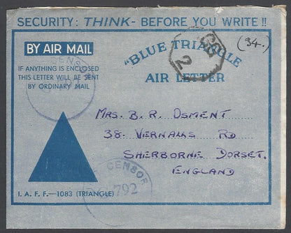 AOP India WW2 IAFF  BLUE TRIANGLE air letter with GG/2 censor to UK