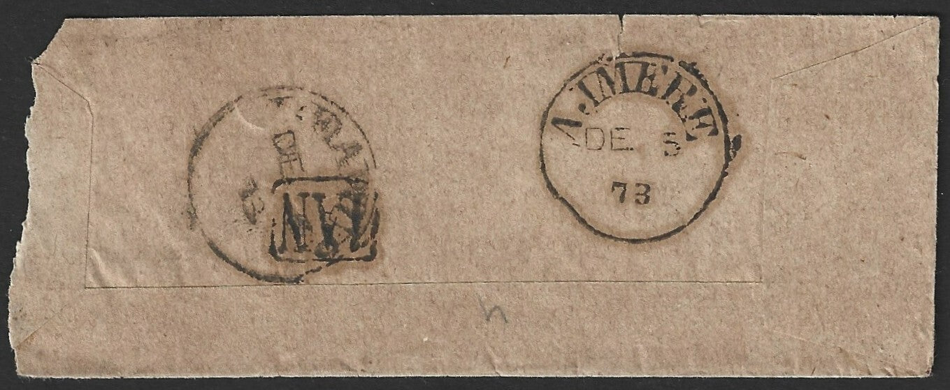 India 1873 stampless cover with boxed "1AN", etc