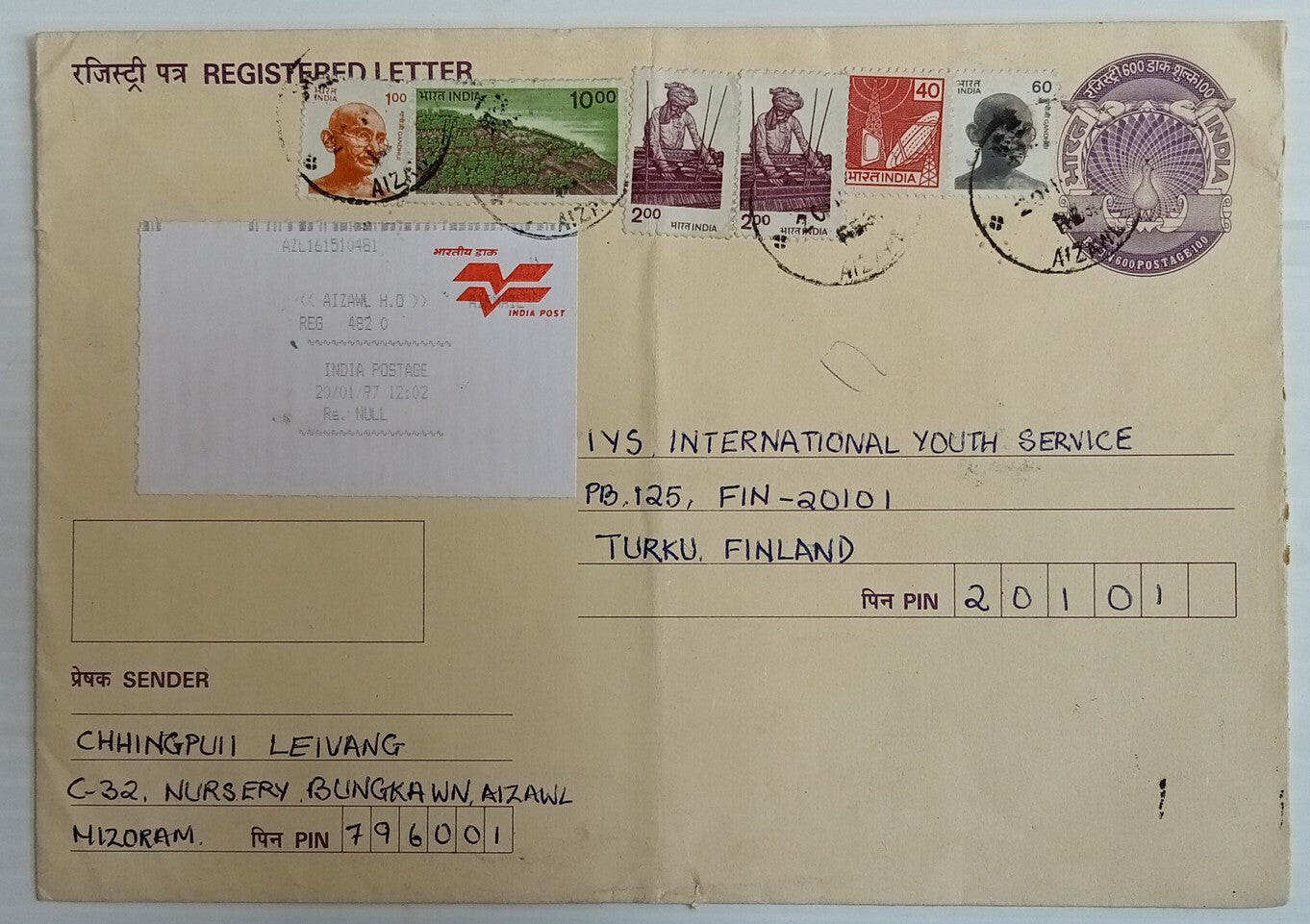 AOP India 600+100 Peacock uprated registered cover to Finland 