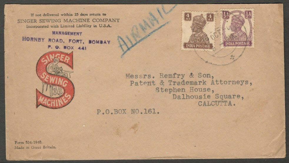 India 1939 illustrated SINGER Sewing Machine advertisement cover