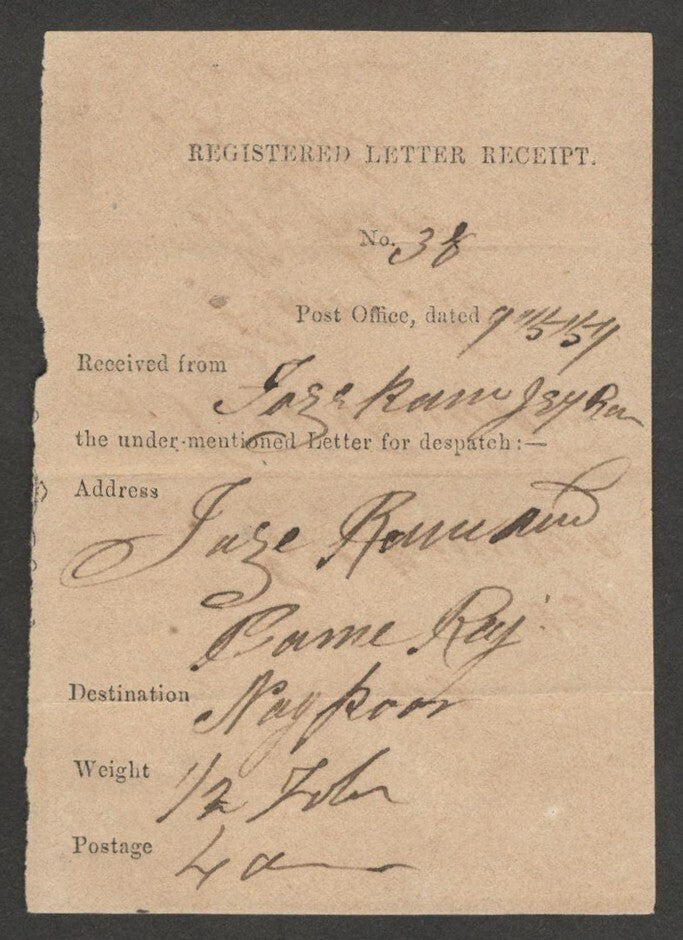 (AOP) India May 1854 REGISTERED LETTER RECEIPT