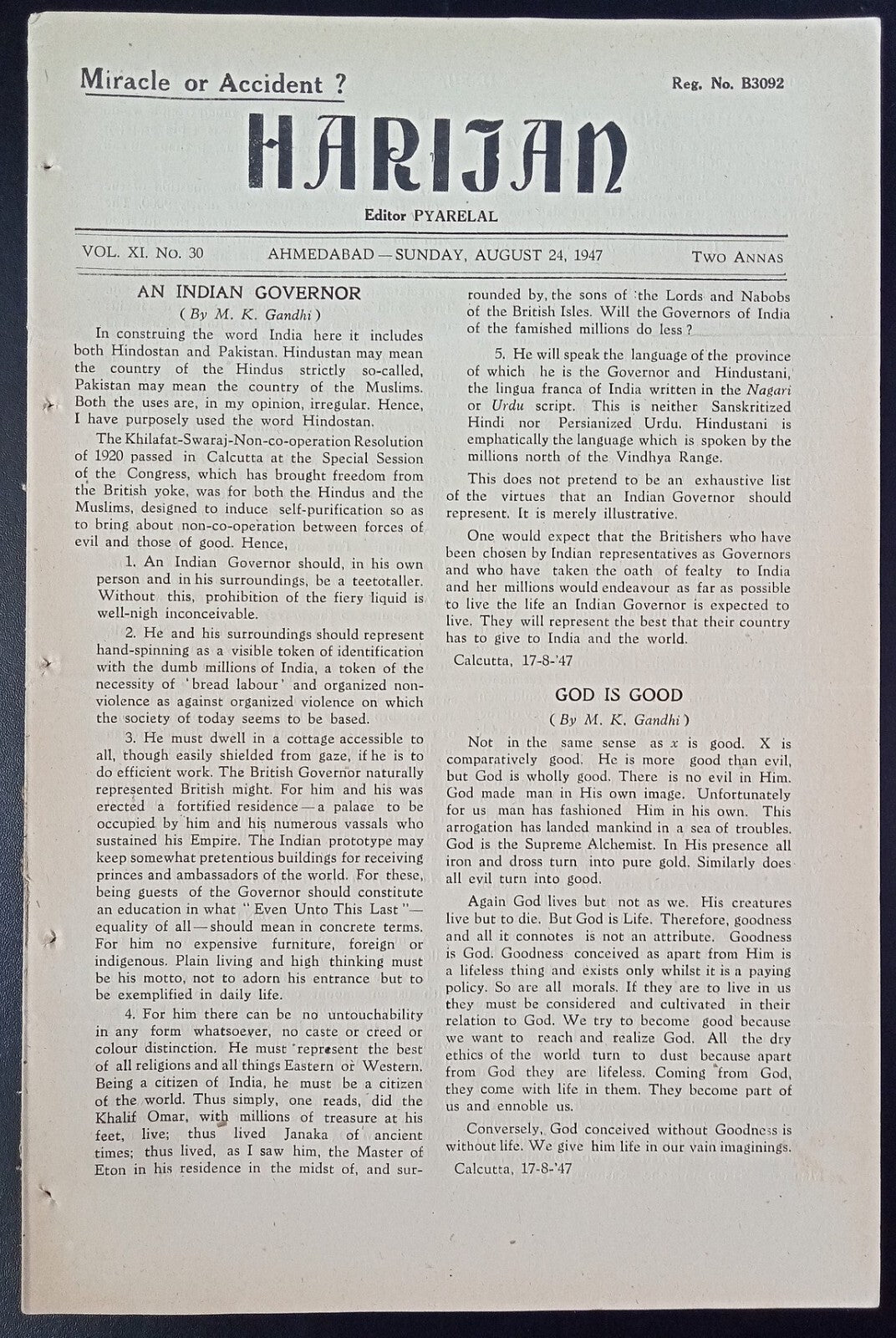 India HARIJAN 24-8-1947 issue - GOD IS GOOD by MK Gandhi