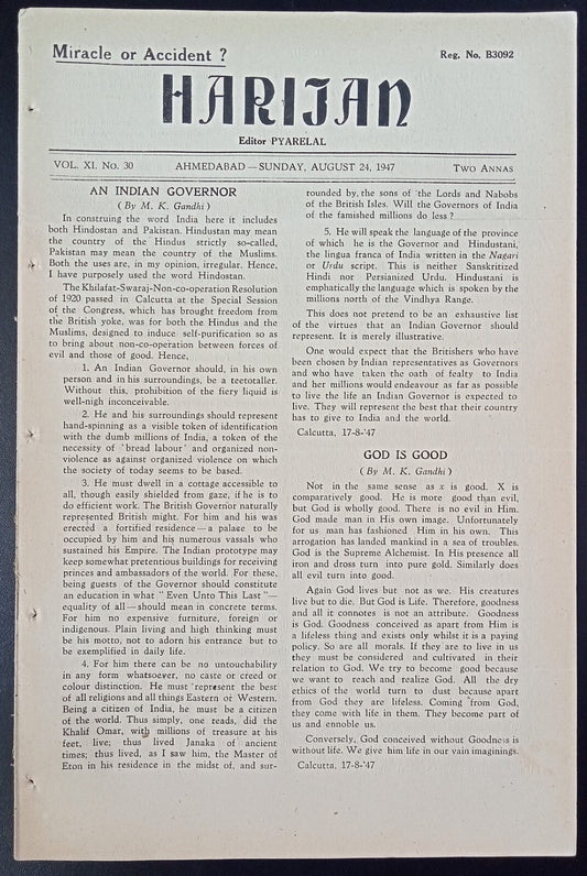 India HARIJAN 24-8-1947 issue - GOD IS GOOD by MK Gandhi