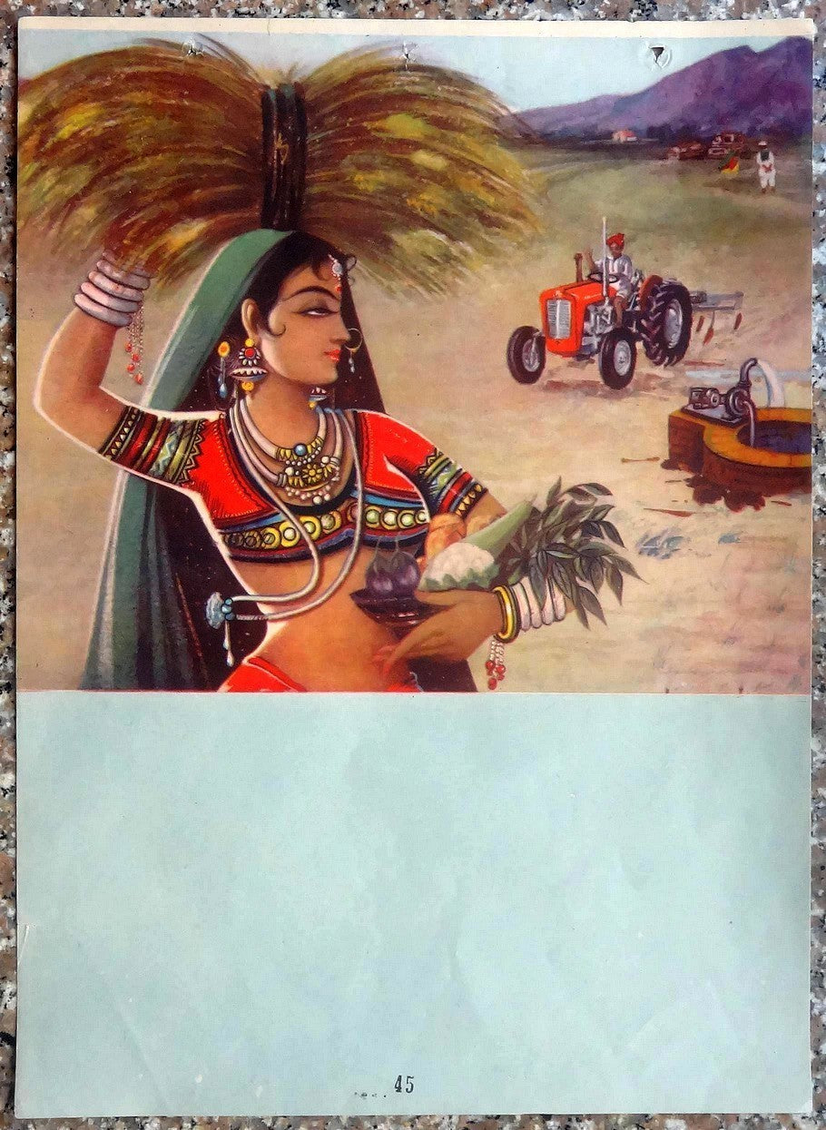 India AGRICULTURE: THEN & NOW 10.5” x 14.5” vintage Calendar art poster
