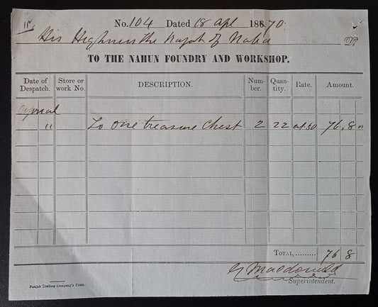 India Nabha Foundry & Workshop 1870 receipt : 1 treasure chest for the Maharaja