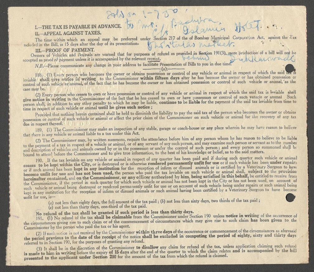 AOP India 1950 2nd Q Bombay Municipal Corp BILL FOR TAX ON VEHICLES AND ANIMALS