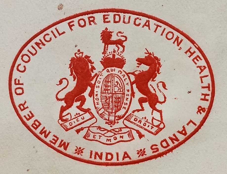 India 1930 crested letter MEMBR OF COUNCIL FOR EDUCATION, HEALTH & LANDS