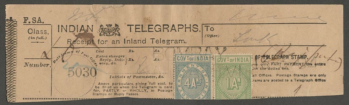 AOP India Telegraph stamps on 1904 BY- KALBADEVI Telegraph receipt