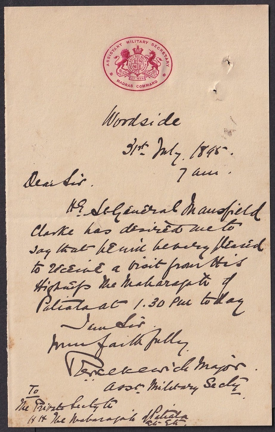 India  1895 crested letter "ASSISTANT MILTARY SECRETARY * MADRAS COMMAND"