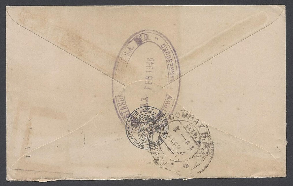 AOP South Africa 1943 bantams 6d pair & 3d single on cover to India