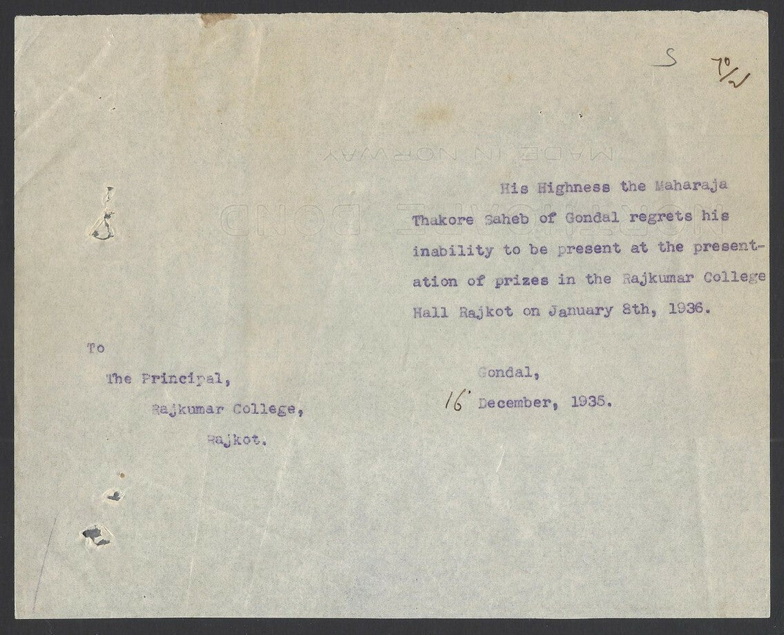 India 1936 Rajkumar College invition. Viceroy Willingdon presiding etc