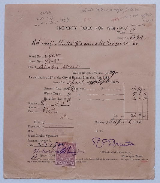 BOMBAY, India 1900 Property Tax form