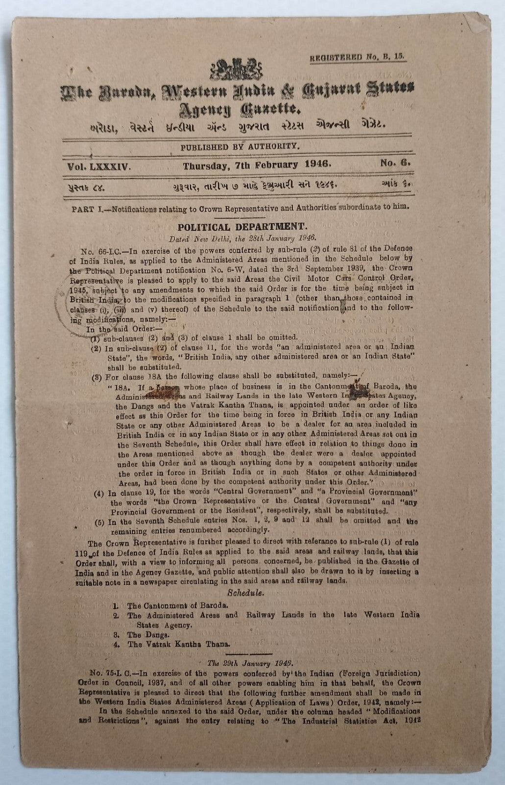 (AOP) India WISA Gazette 1946 Civil Motor Cars Control Order