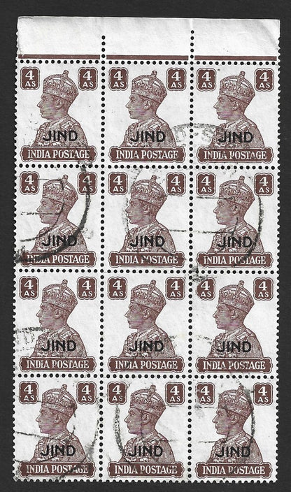 India JIND STATE 1941 KGVI 4a brown used block of 12 SG 146 £102