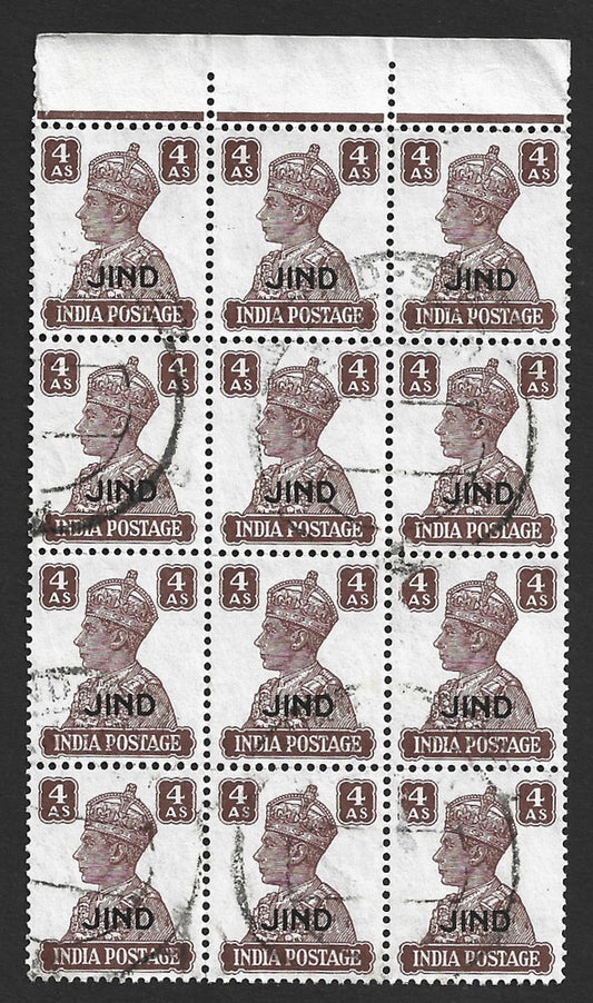 India JIND STATE 1941 KGVI 4a brown used block of 12 SG 146 £102