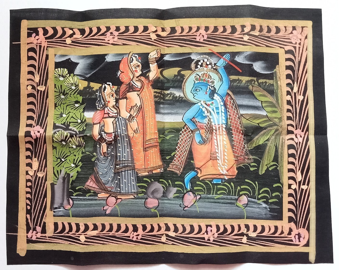 India vintage hand painting on cloth LORD KRISHNA & 2 GOPIS 9 x 12 inches