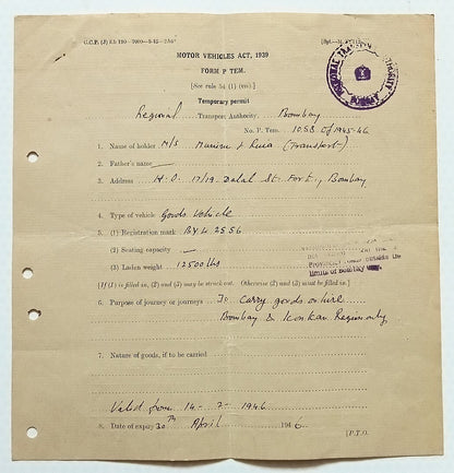 AOP India 1946 TEMPORARY AUTOMOBILE PERMIT., Bombay