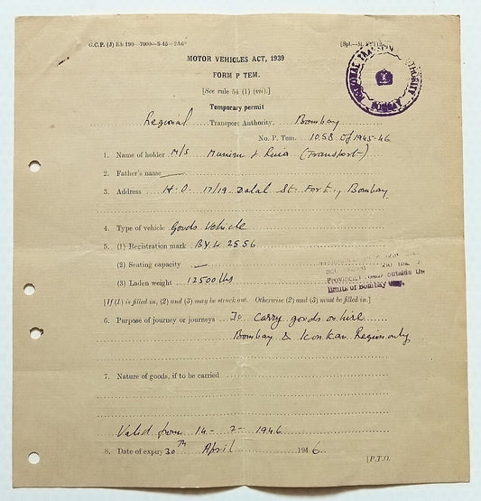 AOP India 1946 TEMPORARY AUTOMOBILE PERMIT., Bombay