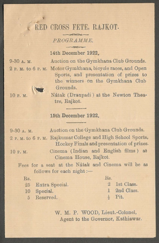 AOP India 1922 Red Cross Fete & Sports, Rajkot programme 
