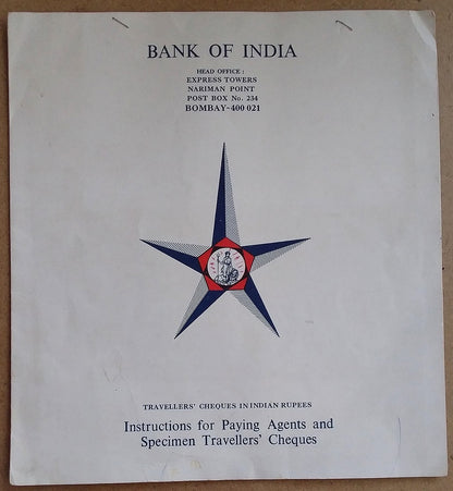 Bank of India SPECIMEN Travelers cheques (5) in folder