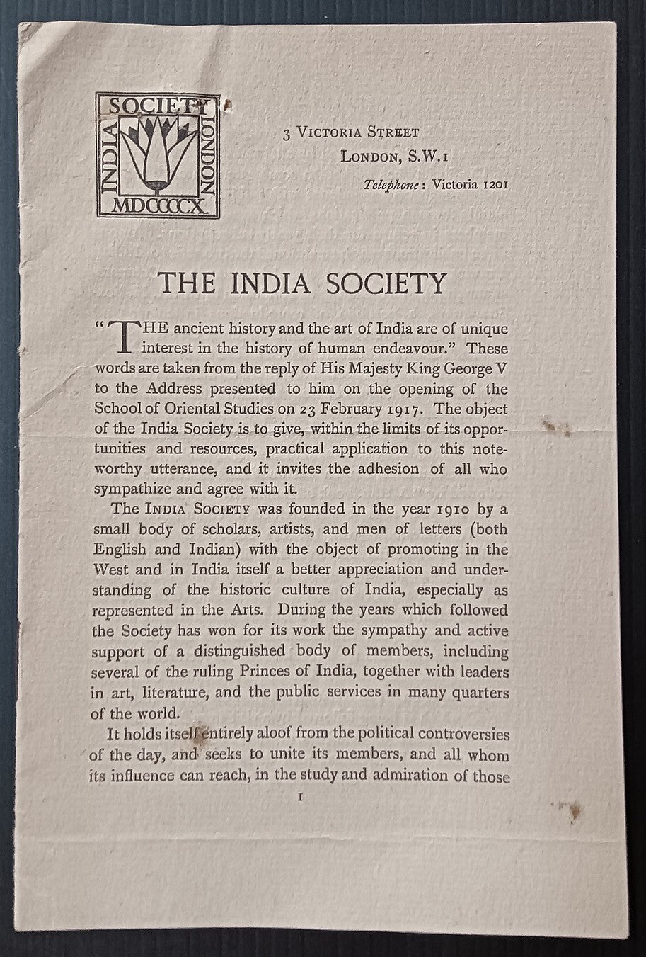 THE INDIA SOCIETY 1922 brochure