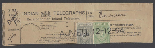 AOP India Telegraph 1904 provisional 4a on 1R on 1904 telegraph receipt
