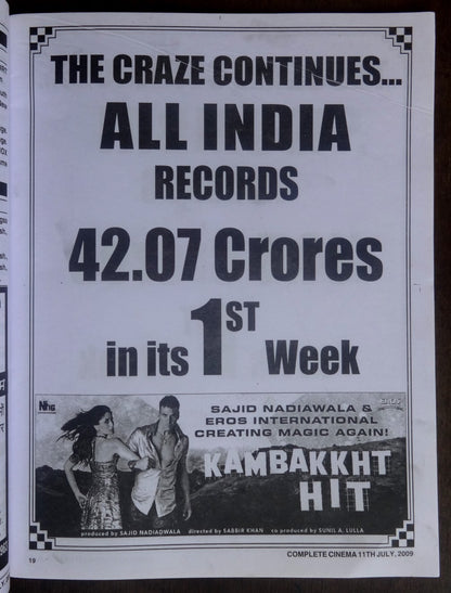 Bollywood Trade magazine COMPLETE CINEMA 11 July 2009 issue Akshay Kumar cover