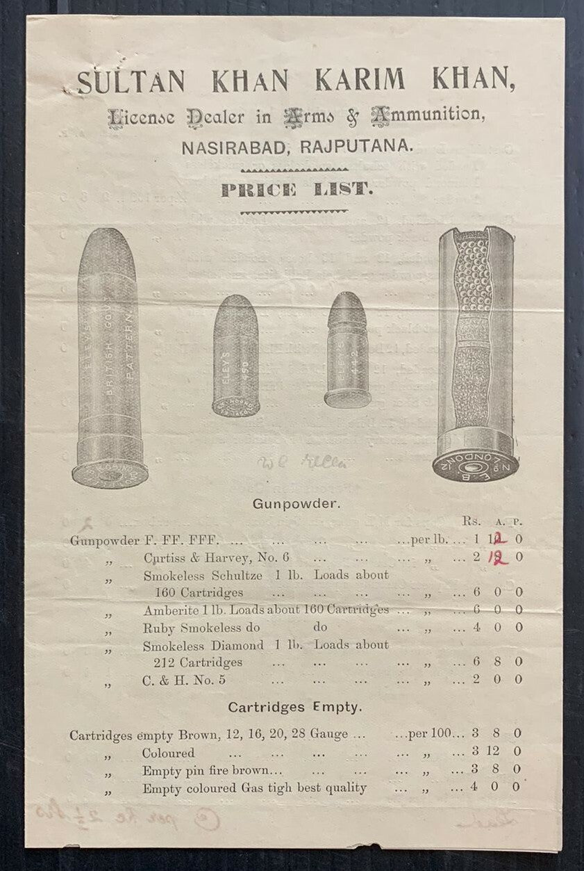 AOPIMT India 19th Century Illustrated price list Arms & Ammunition 