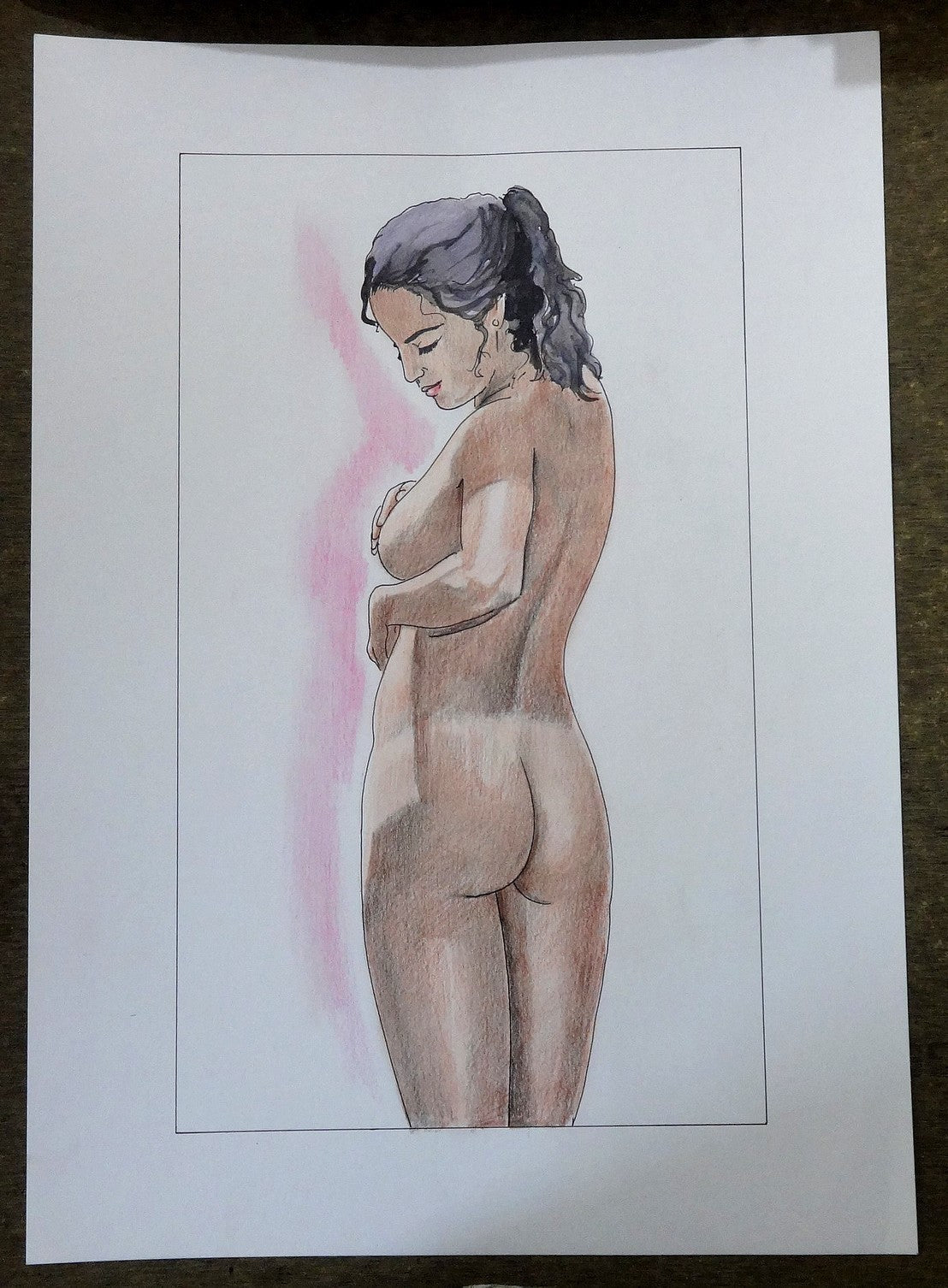 Nude Indian beauty watercolors crayons & ink on card 12''x 17''
