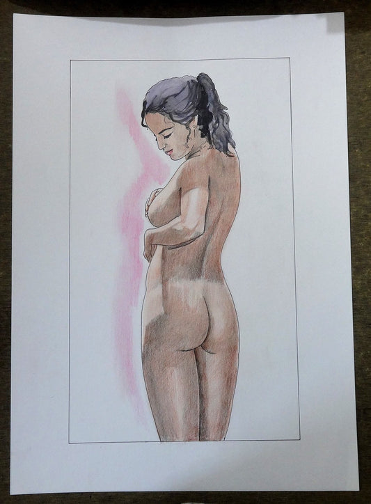 Nude Indian beauty watercolors crayons & ink on card 12''x 17''