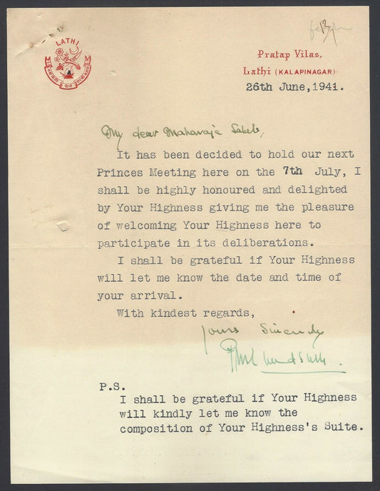 India crested letter signed by Maharaja Prahladsinhji Pratapsinhji of Lathi 1941