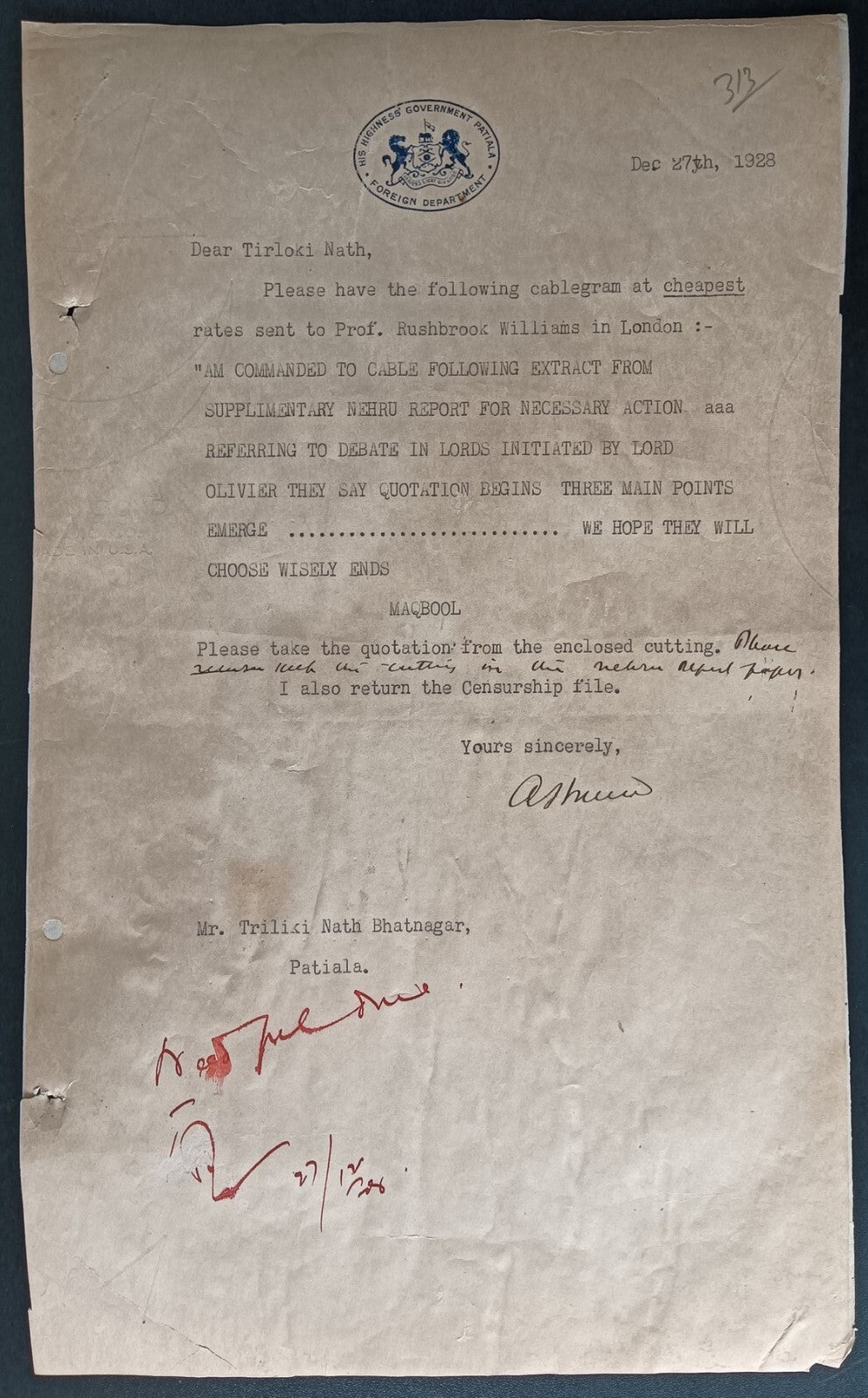 India 1929 crested letter HIS HIGHNESS' GOVERNMENT PATIALA / FOREIGN DEPARTMENT
