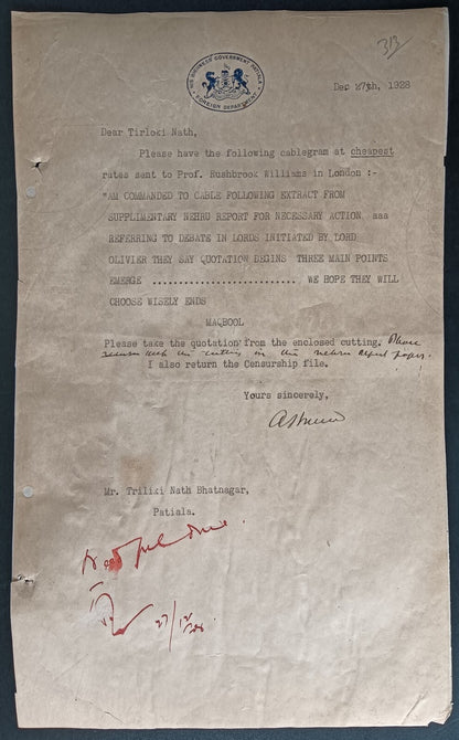 India 1929 crested letter HIS HIGHNESS' GOVERNMENT PATIALA / FOREIGN DEPARTMENT