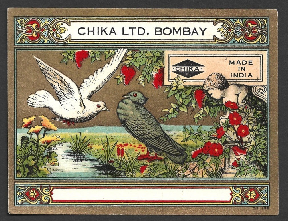 India 1930s-40s vintage textile dye label Chika, Bombay - INDIAN BIRDS