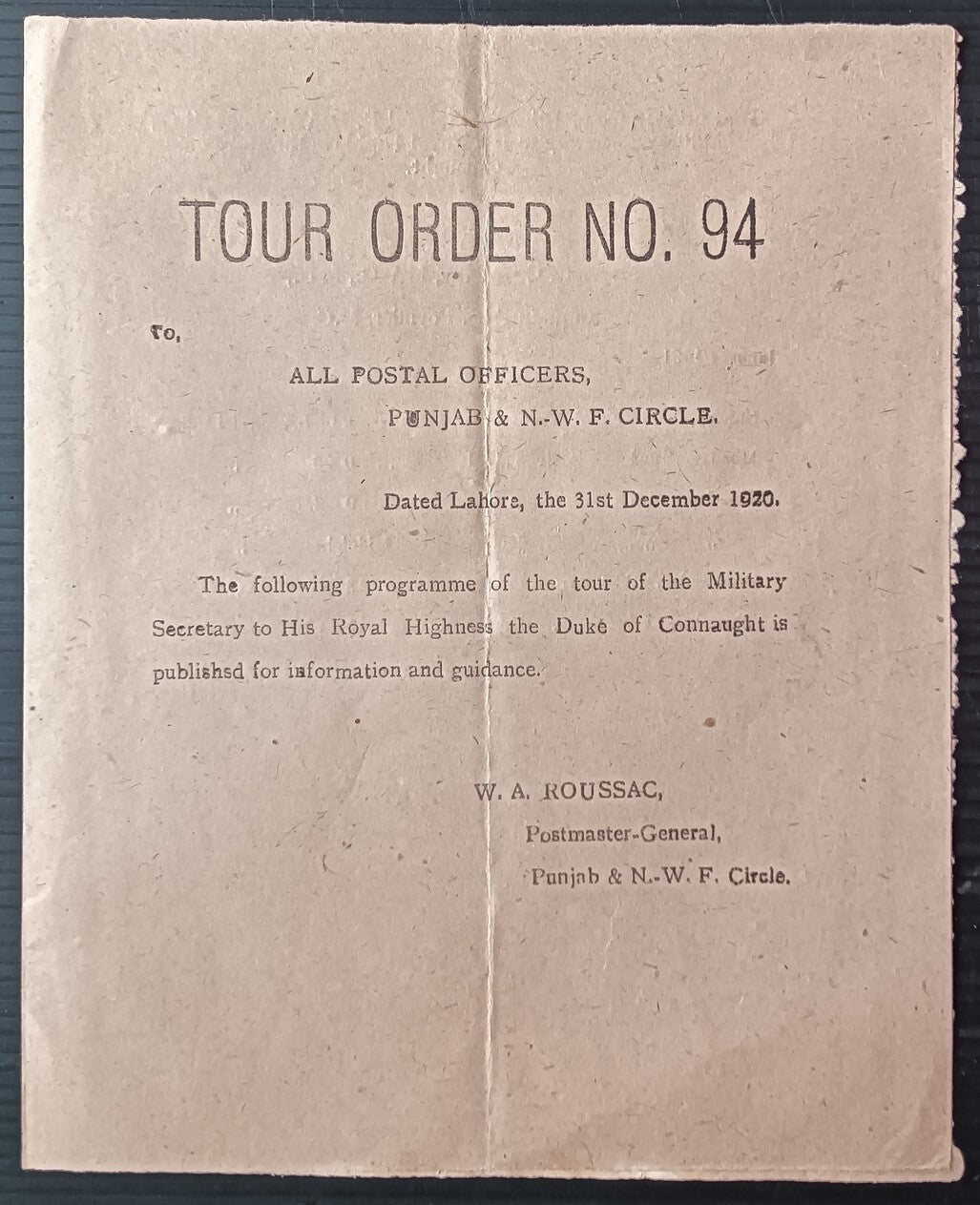 India 1920 TOUR NO. 94 leaflet Duke of Cannaught Visit