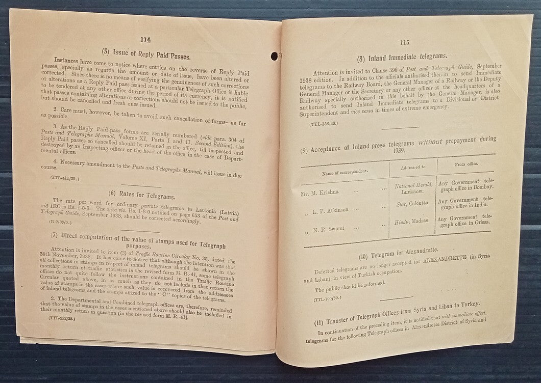 India 1939 POSTAL NOTICE Correction to Post and Telegraph Guide Sept 1939 #20