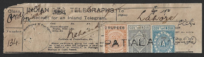 India 1900 Telegraph Telegram receipt with SANS SERIF 2RUPEES on 2R8a