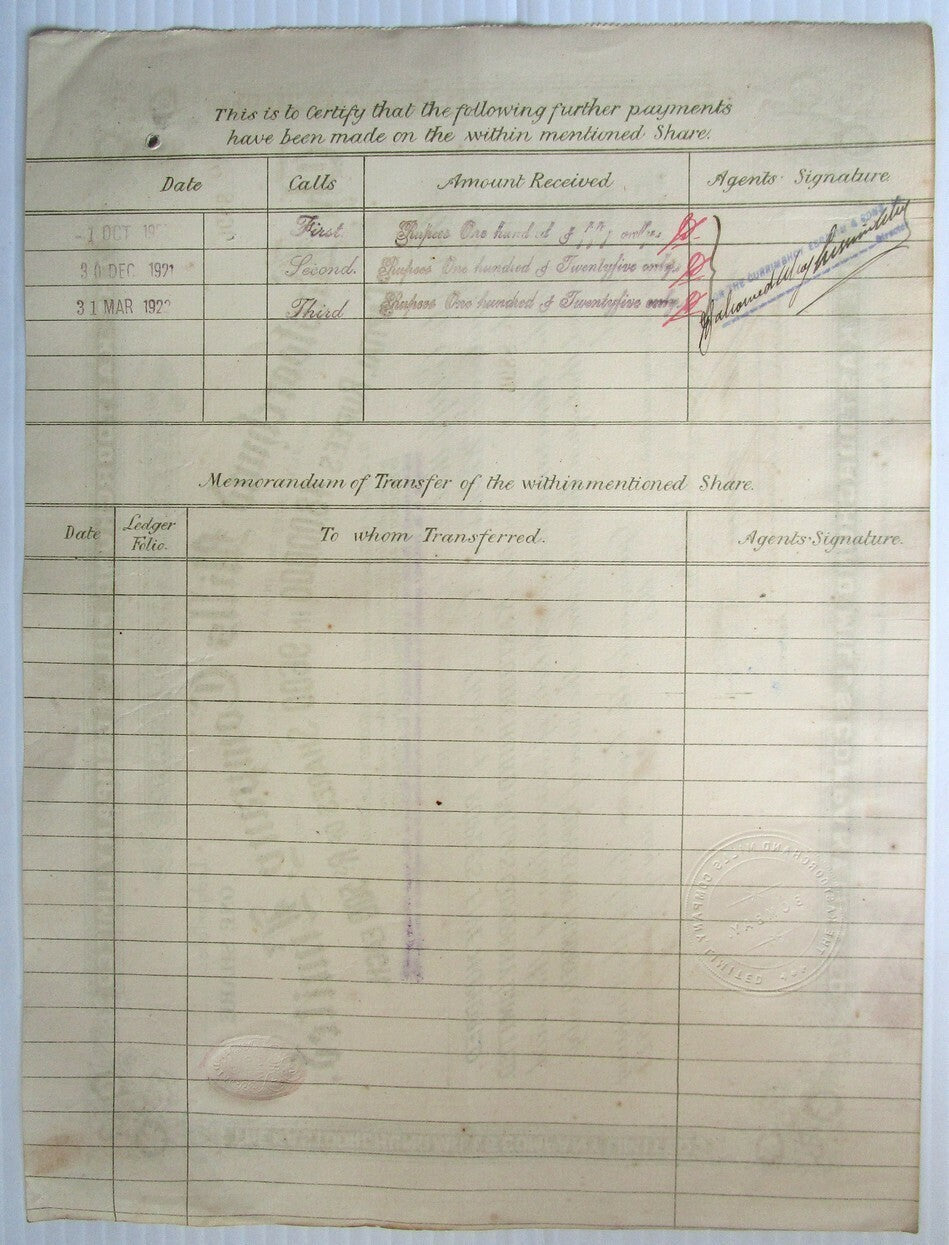 India Kastoorchund Mills Company Ltd. 1921 share certificate