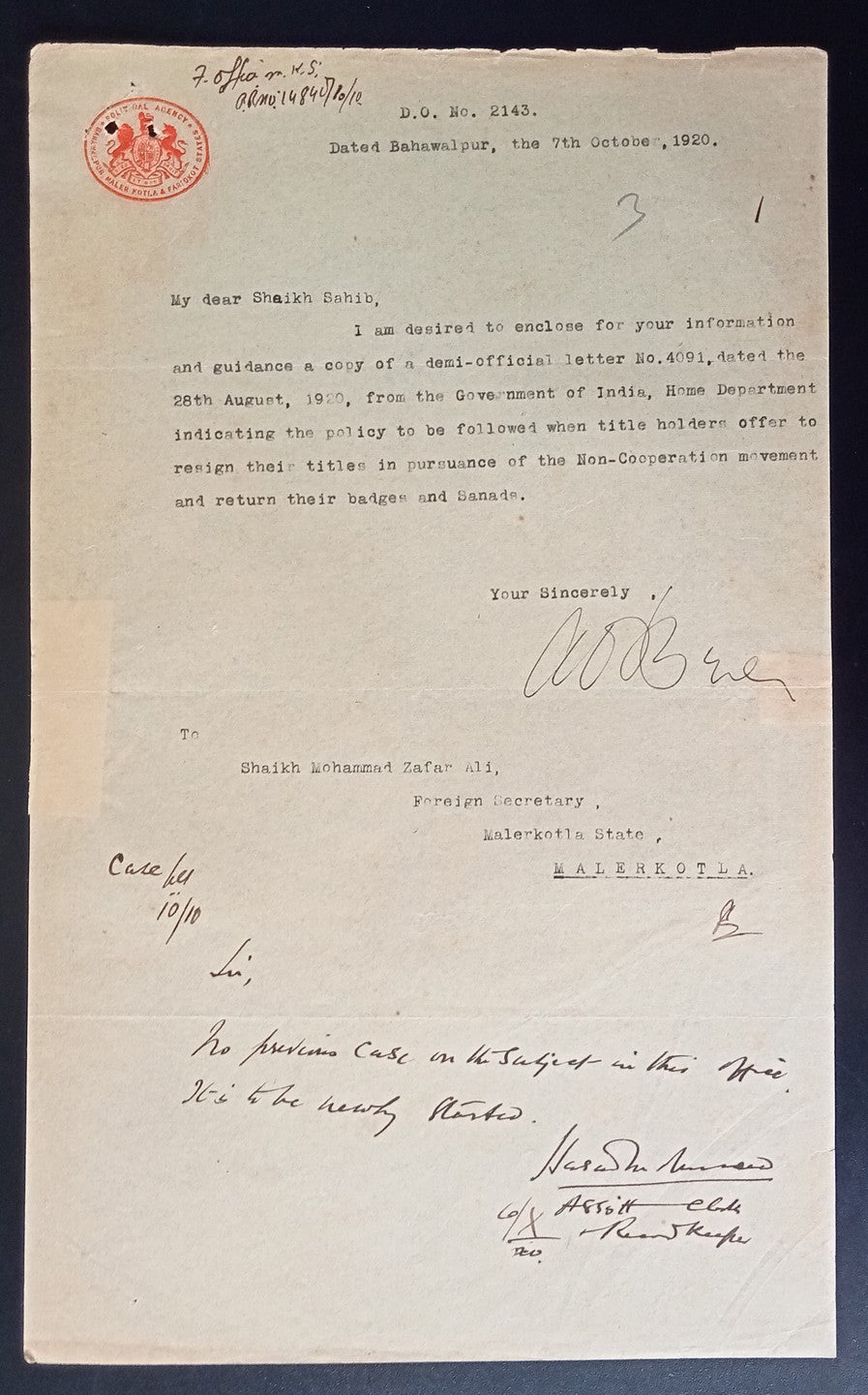 India 1922 Official correspodence about the Non Cooperation Movement