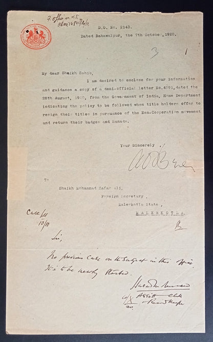 India 1922 Official correspodence about the Non Cooperation Movement