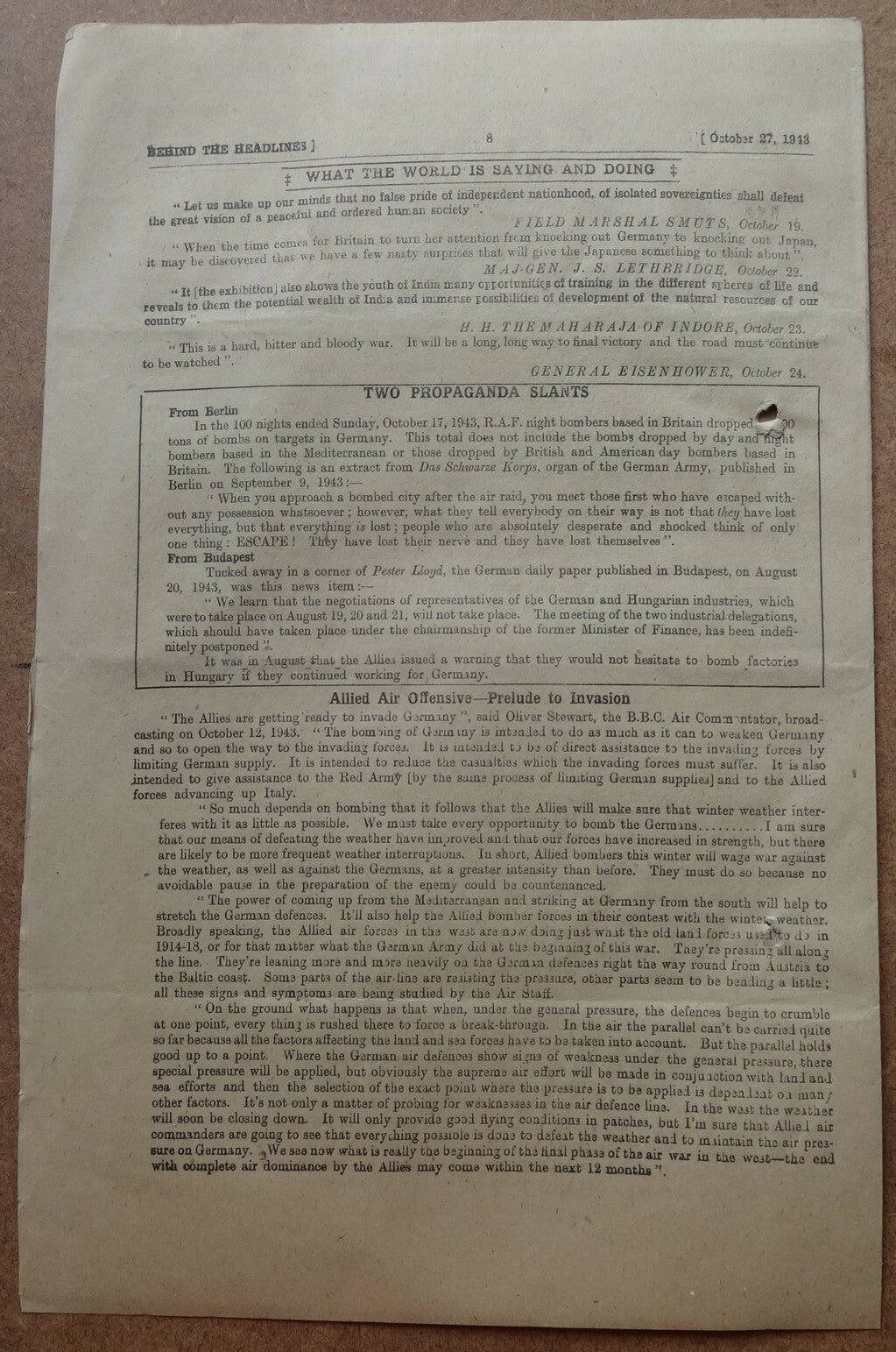 India WW2 Propaganda rag BEHIND THE HEADLINES 1943 RUSSIAN OPERATIONS 8pgs