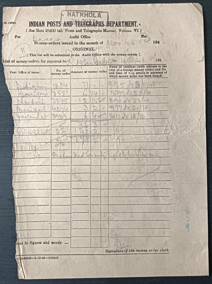 India 1948 Post Office MONEY ORDER / PAYMENT ORDER check cheque