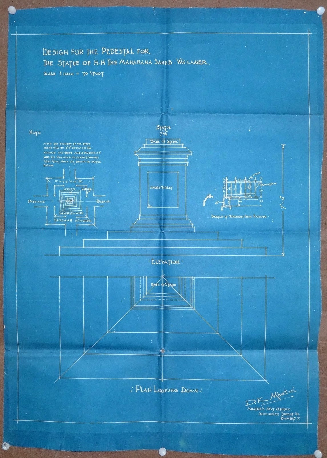 India 1928 blue print for a pedestal for a statue of Maharana Wankaner 20“x28”