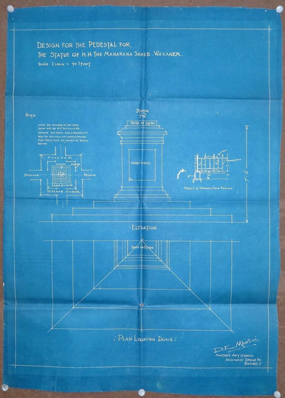 India 1928 blue print for a pedestal for a statue of Maharana Wankaner 20“x28”