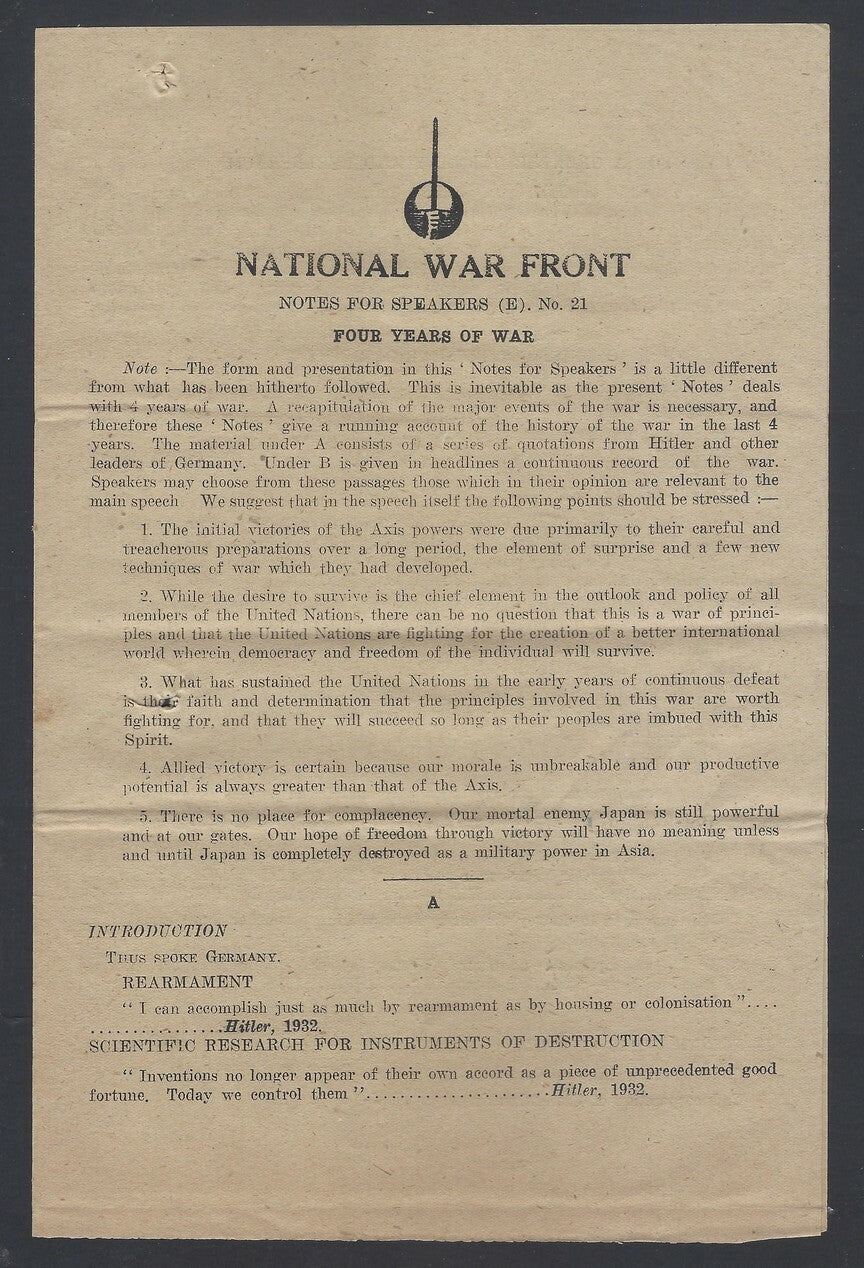 AOP India National War Front Propaganda Leaflet Four Years of War 2pgs