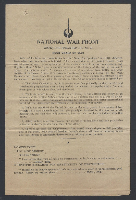 AOP India National War Front Propaganda Leaflet Four Years of War 2pgs
