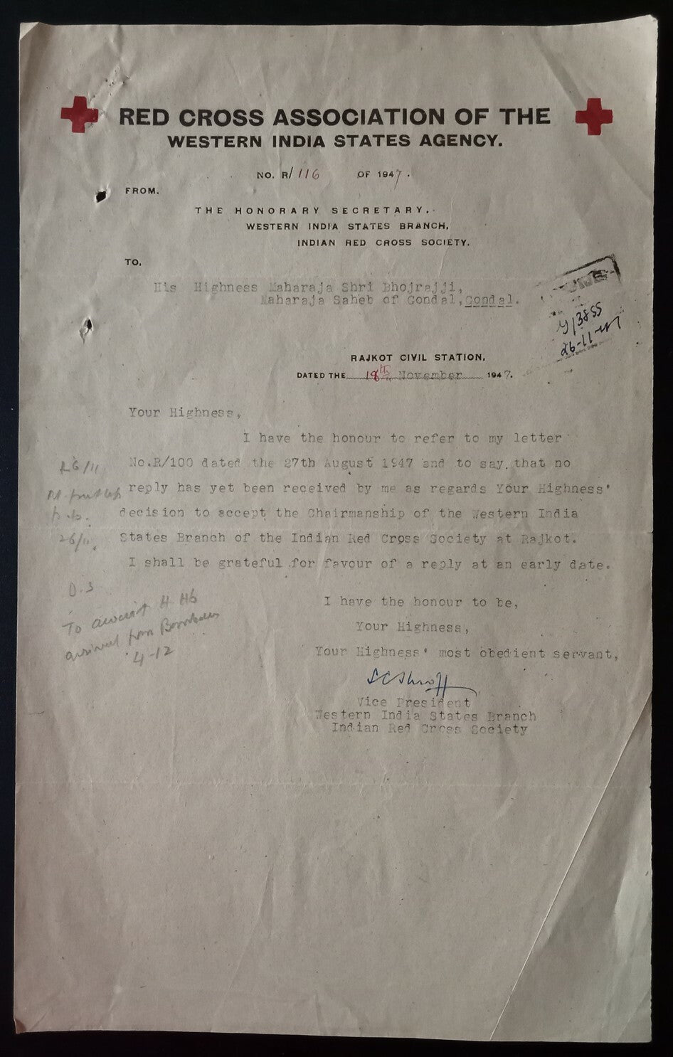 AOP India 1947 Red Cross Association of the Western India letterhead & corrresp