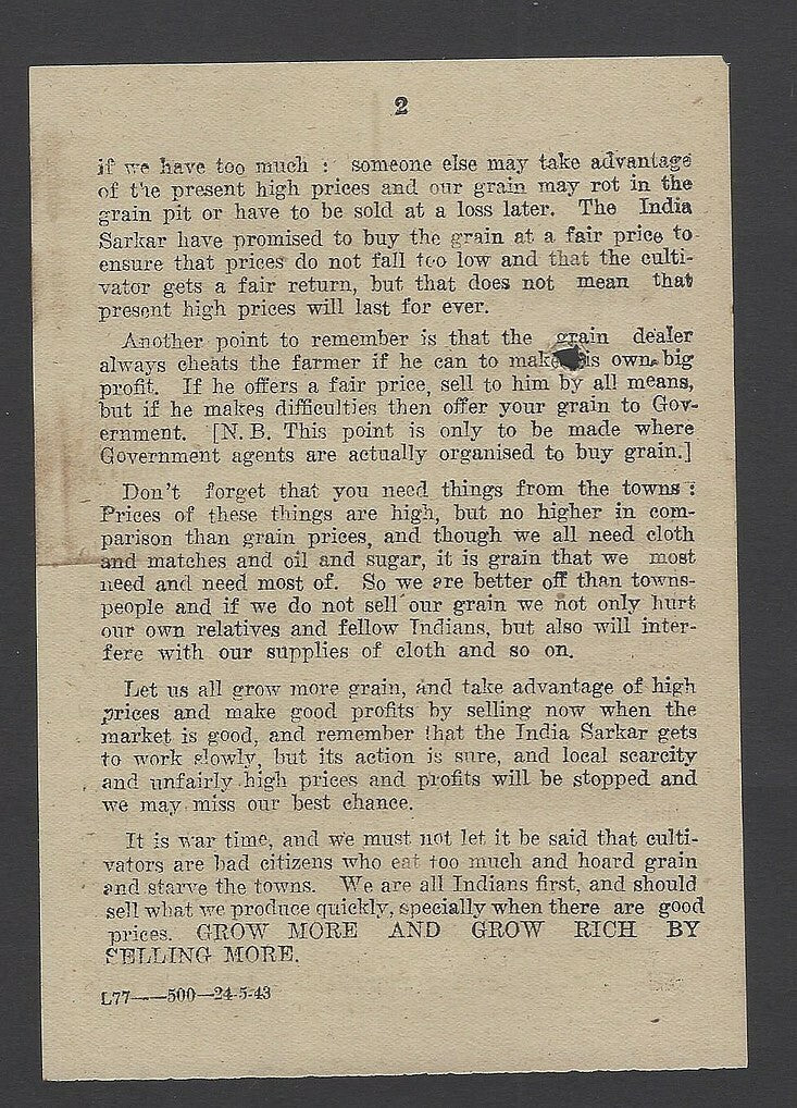 India 1943 WW2 War Front Propaganda Leaflet Note For Speakers The Food Position